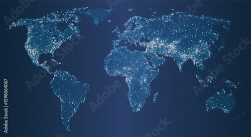 Vector illustration of a glowing world map at night, with shining dots representing cities, population, and global network. The digital earth highlights technology, communication, and major continents