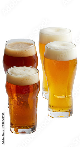 Four Glasses of Various Beers on Transparent Background