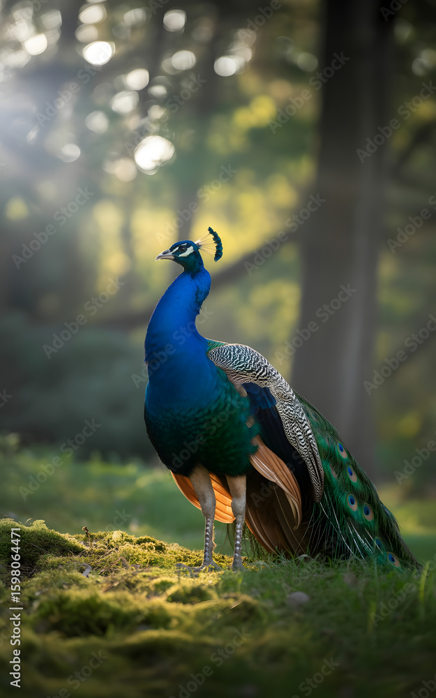 Obraz premium Majestic Peacock Perched in Forest Clearing Sunlit Scene of Natural Beauty and Tranquility with vibrant plumage and peaceful presence