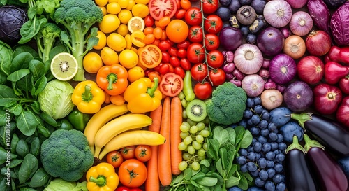 Vibrant rainbow of fresh healthy fruits and vegetables arranged artfully