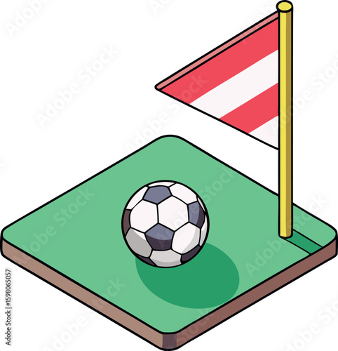 Isometric View of a Soccer Ball on a Green Field with a Corner Flag Displaying National Colors