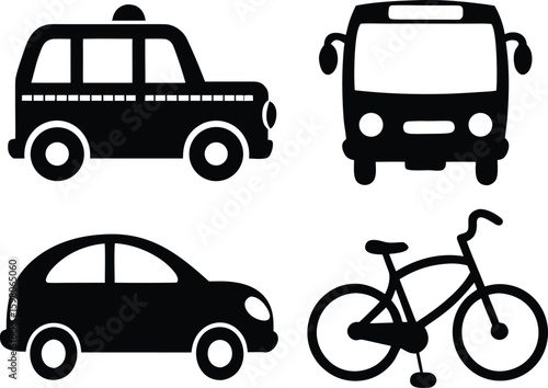 Silhouette Transport Icons – Taxi, Bus, Car, and Bicycle Vector Set