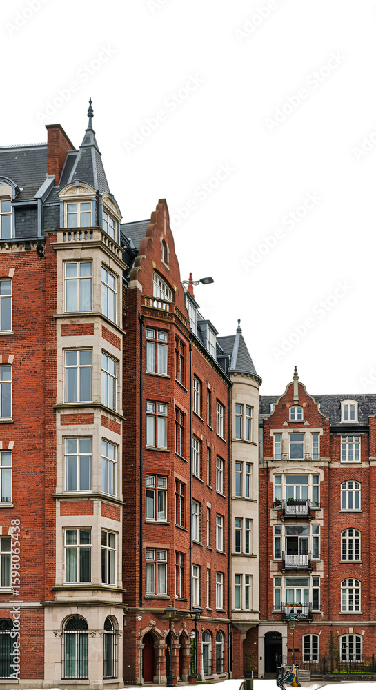 Fototapeta premium Historic Brick Residential Buildings With Grey Trim Isolated Photo