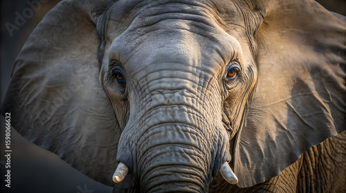 Close up portrait of a majestic african elephant face with wrinkled skin and large ears