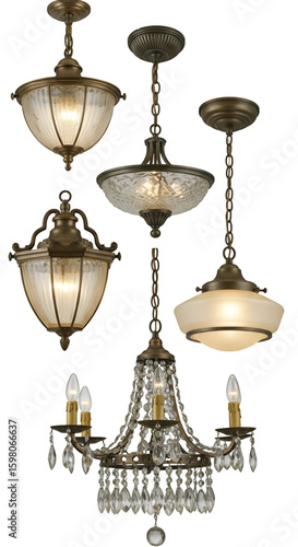 Collection of Elegant Vintage Chandeliers and Lamps on Transparent Background