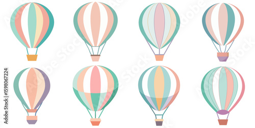 Pastel Hot Air Balloon Vector Icon Set PNG Transparent Background