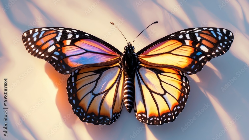 Fototapeta premium Colorful butterfly with patterned wings, resting on a surface under soft lighting. Nature and insect imagery. The beauty of butterflies and their delicate wings.