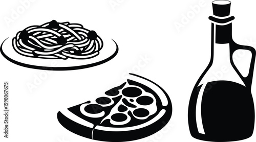 Spaghetti, pizza slice and olive oil bottle Italian food silhouette vector