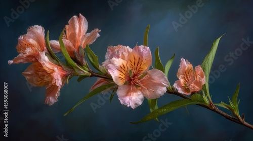 Delicate peach-toned flowers on a branch