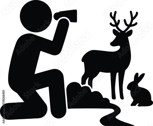 Silhouette Wildlife photographer taking picture of deer and rabbit Vector Illustrator