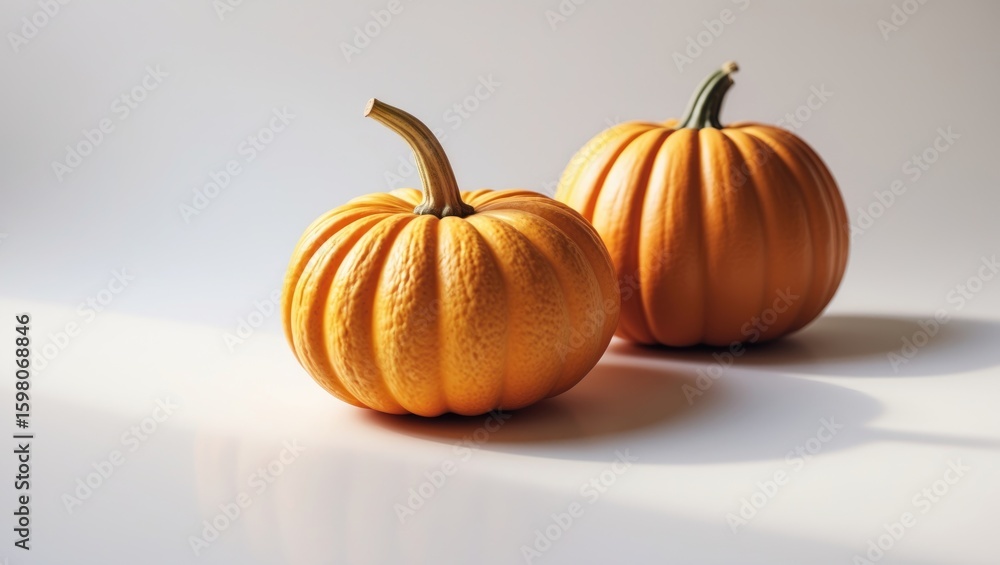 Two pumpkins with curved stems placed on a white surface. Two pumpkins with curved stems placed on a white surface.
