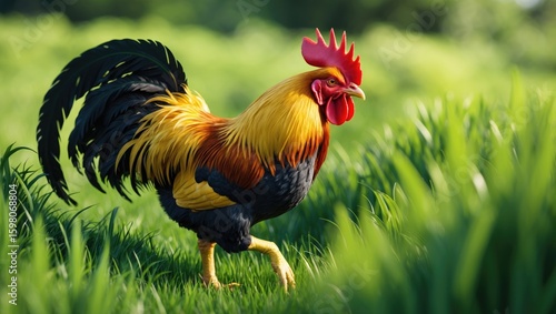 Colorful rooster standing in green grass with blurred background. Agriculture and farm animal, poultry, nature and wildlife, and outdoor setting.