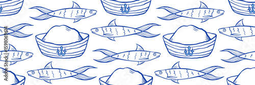 Stylish blue doodle pattern with fisherman hat and sardine. Background for packaging, textile and men gift. Quirky nautical vector doodle illustration.