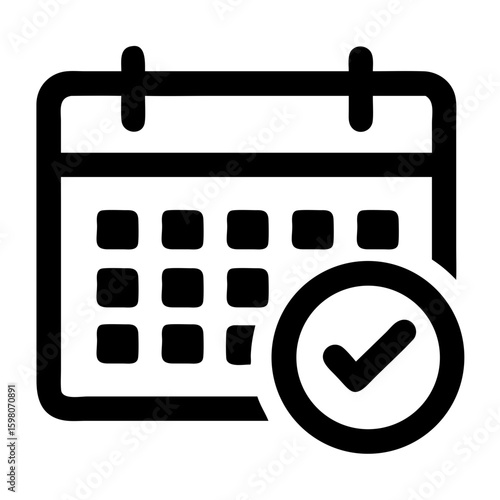Black calendar icon with a checkmark inside a circle indicating a completed event or task scheduled