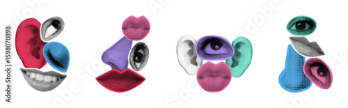 Set of surreal halftone facial features. Collage elements, reteo pop art compositions with eyes, lips, ears, noses in colorful on white background.