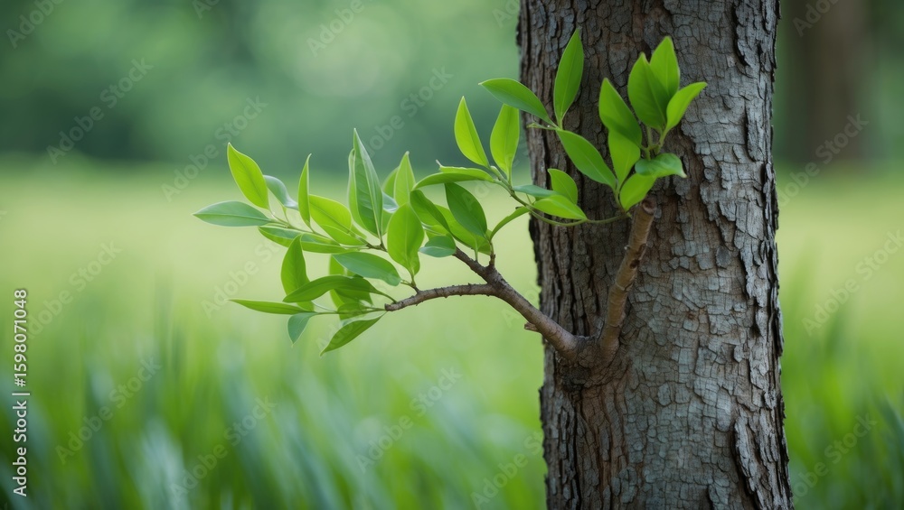 Fototapeta premium Young green leaves growing from the trunk of a tree, symbolizing growth and nature.