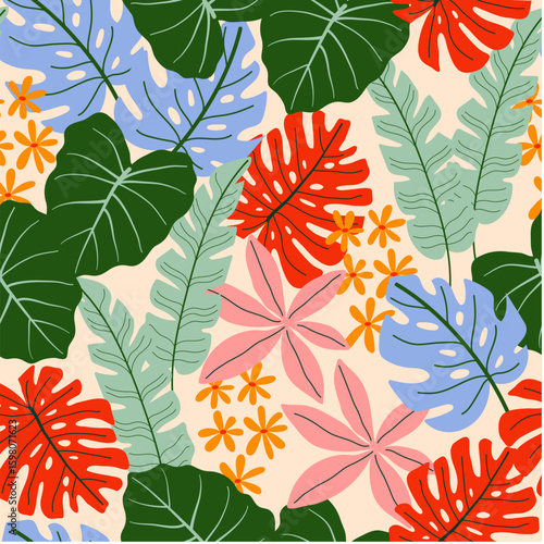 Abstract seamless tropical pattern with bright plants and leaves on a beige background. Beautiful exotic plants.  Jungle leaf seamless vector floral pattern background.