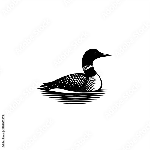 Black and white illustration of a common loon swimming on water