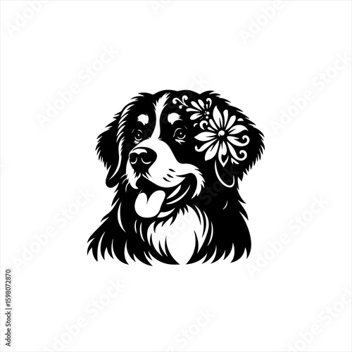 Bernese mountain dog with floral design on head