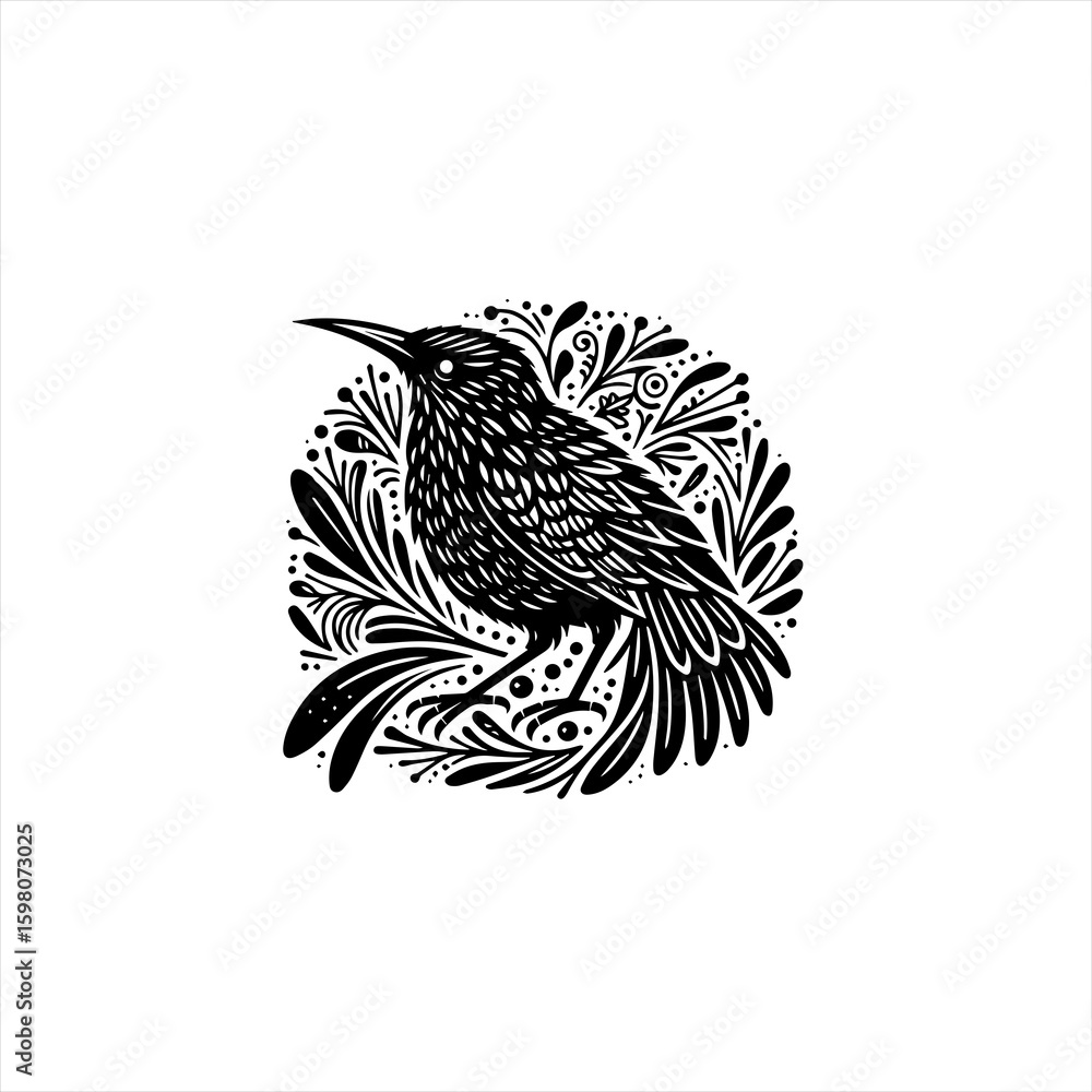 Obraz premium Black and white illustration of a starling bird with decorative floral elements
