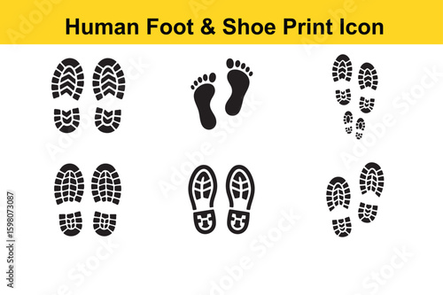 Collection of Footprint and Shoe Print Icons in Black and White Vector Illustration This image