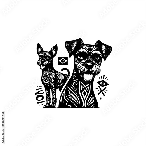 Two schnauzer dogs with brazilian flag and tribal patterns