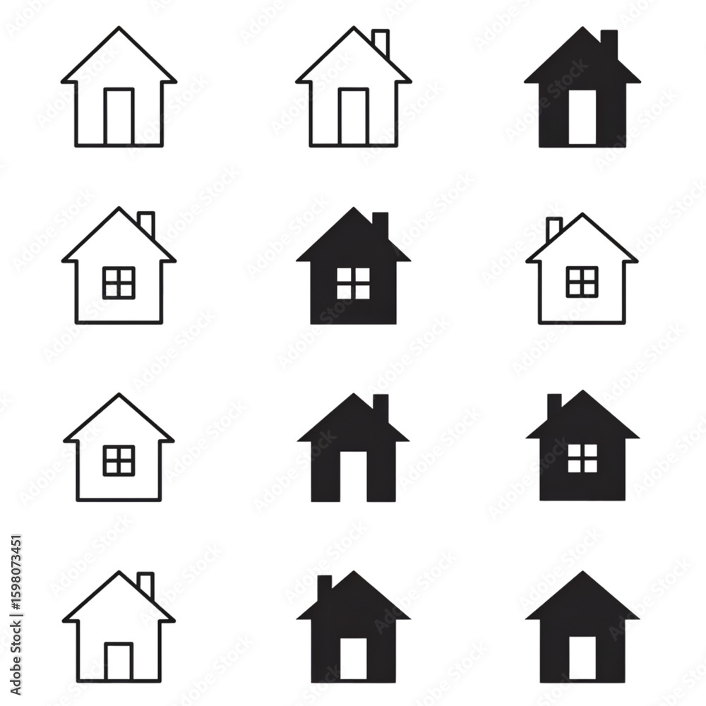 Fototapeta premium Illustration: Set of Simple Black House Icons on Transparent Background