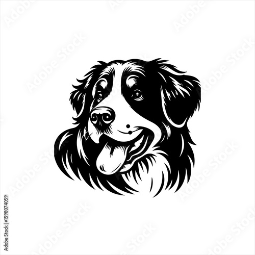 Happy bernese mountain dog face black and white vector art