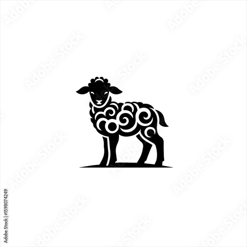 Stylized black silhouette of a young sheep with ornate fleece