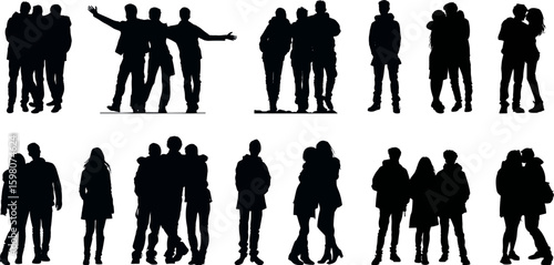Embracing friends black silhouettes. People hugging, male female silhouette. Human groups and single person, communication, support, vector set