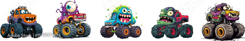 Fantasy monster truck. Isolated cartoon monsters cars, stern menacing trucks on giant wheels. Children mascots, vehicle creatures vector set