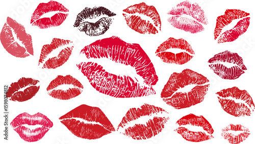 Female lipstick prints. Isolated vibrant lips print pink red winery colors. Women elements decor, flirting, romantic items. Lipsticks samples vector set