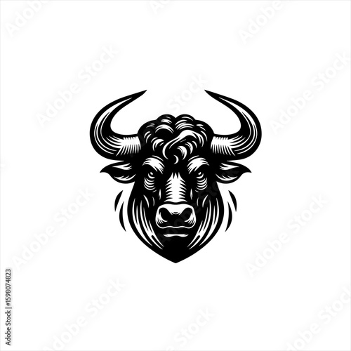 Powerful black and white illustration of a fierce bull head