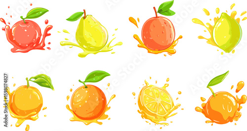 Fruits in juice splashes. Isolated peach orange lemon, juicy fruit. Seasonal beverages, vitamin drinks, fresh non alcoholic cocktails, vector set