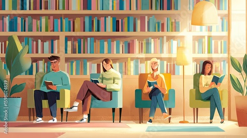 A diverse group of young adults studying and relaxing in a modern library setting, illustrated in a vibrant, flat style.