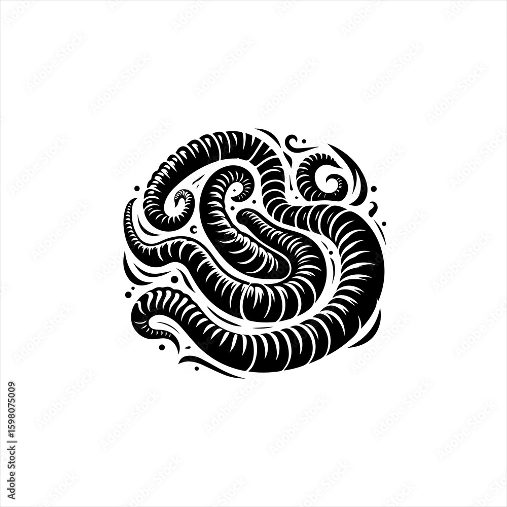 Fototapeta premium Abstract black and white illustration of coiled worms or tentacles forming a circular pattern