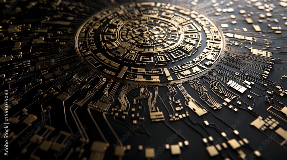 Fototapeta premium Intricate Circuit Board Design with Gold Pattern and Lines