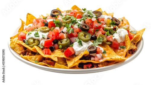 Delicious Plate of Cheesy Nachos with Toppings on White Background