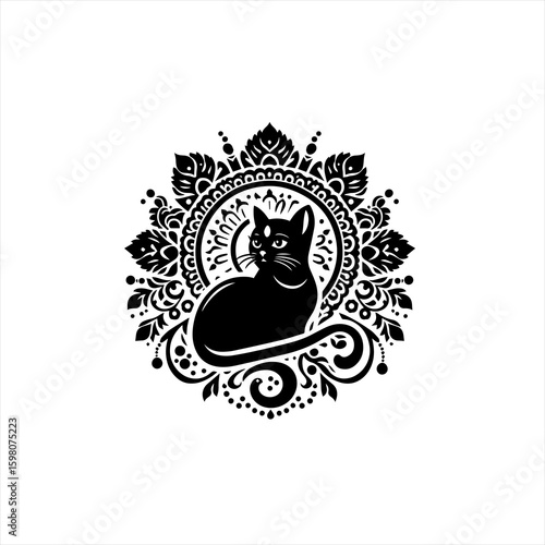 Black cat silhouette with ornate mandala design