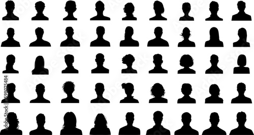 Male female avatars silhouettes. Human front view black shoulder portraits. Isolated anonymous adults or teens silhouette, vector flat set