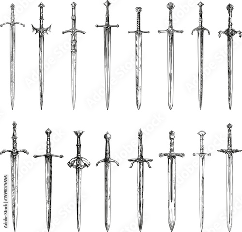 Medieval swords sketch style. Isolated knight sword, hand drawn weapons elements. Decorative artwork, ink drawing unusual vector collection