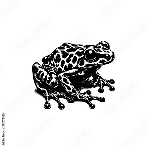 black and white frog sitting, detailed clip art preview