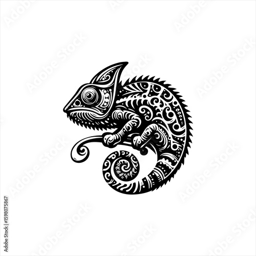 Intricate black and white tribal chameleon tattoo design