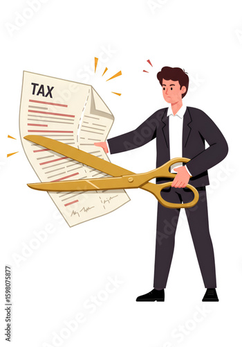 Illustration of Businessman Cutting Tax Document with Scissors