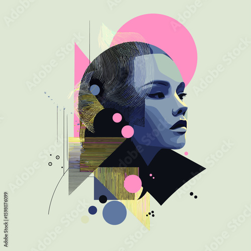 Seriously independent woman face. Abstract modern geometric print with young girl, feminine power and independence metaphor, vector design