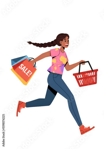 Illustration of a Woman Running with Shopping Bags and Basket