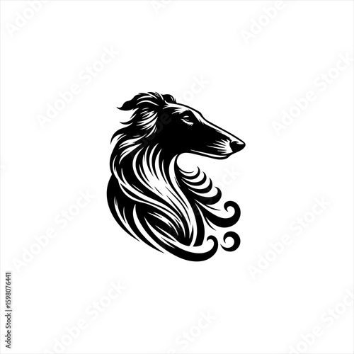 Elegant black silhouette of a borzoi dog head with flowing mane