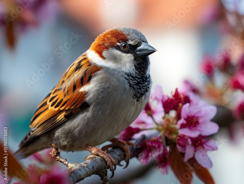 A small bird sitting on a branch of a tree with pink flowers