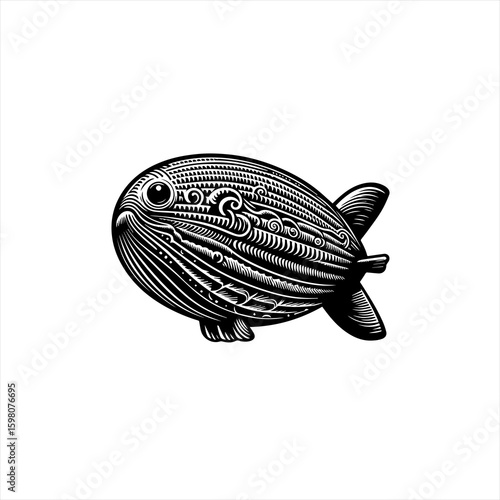 Whimsical fish shaped blimp with intricate patterns and a vintage style