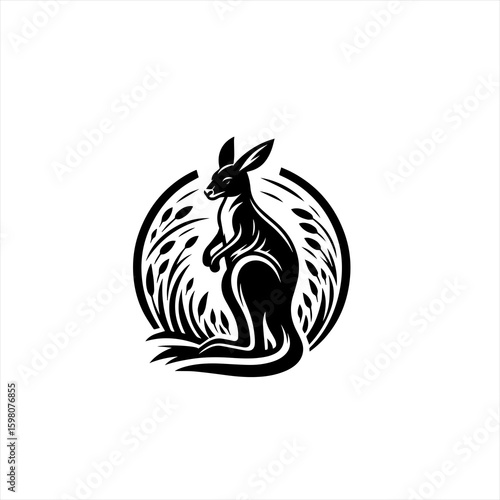 Stylized black kangaroo silhouette in a circle with reeds
